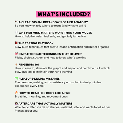 Infographic detailing 'What's Included' in The Clit Whisperer, covering anatomy, techniques, and aftercare tips.