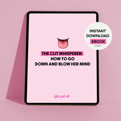 Ebook cover of 'The Clit Whisperer' on a pink background, offering tips to enhance intimate experiences.