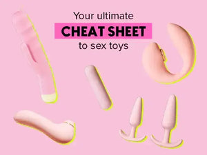 Various GGO toys in a pink background and a text saying "Your ultimate CHEAT SHEET to sex toys"
