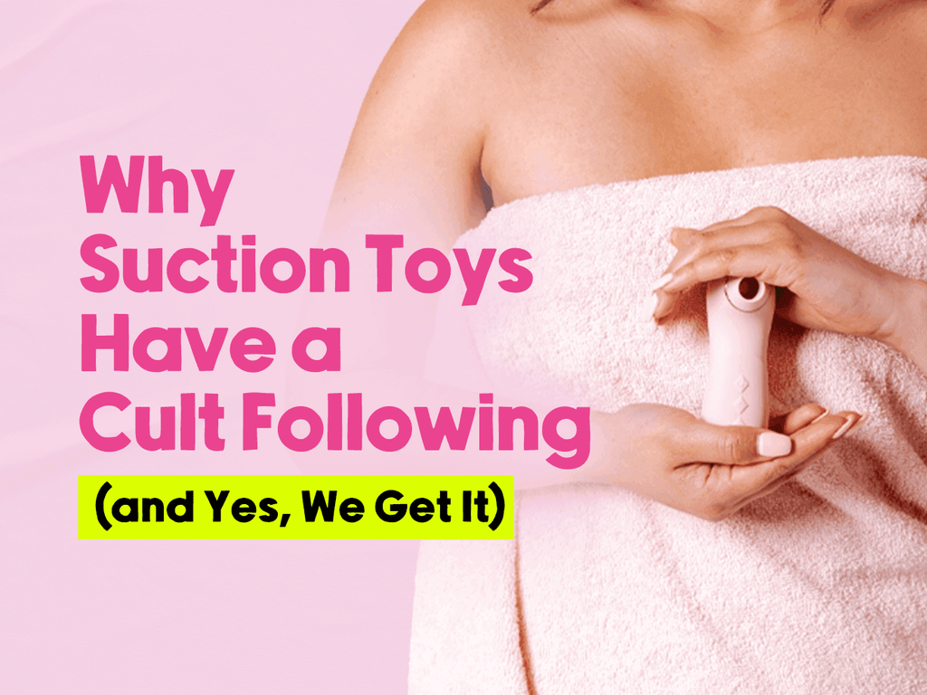 A person wrapped in a light pink towel holding a small suction vibrator against pink background and a text that says 'Why Suction Toys Have a Cult Following (and Yes, We Get It)' 