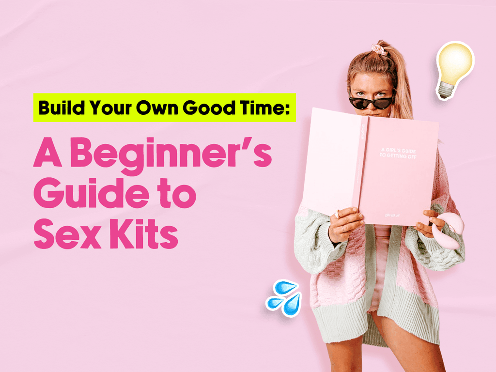 Featuring a model holding a book over her face, accented with lightbulb and water droplet emojis and a graphic titled 'Build your Own Good Time: A Beginner's Guide to Sex Kits'