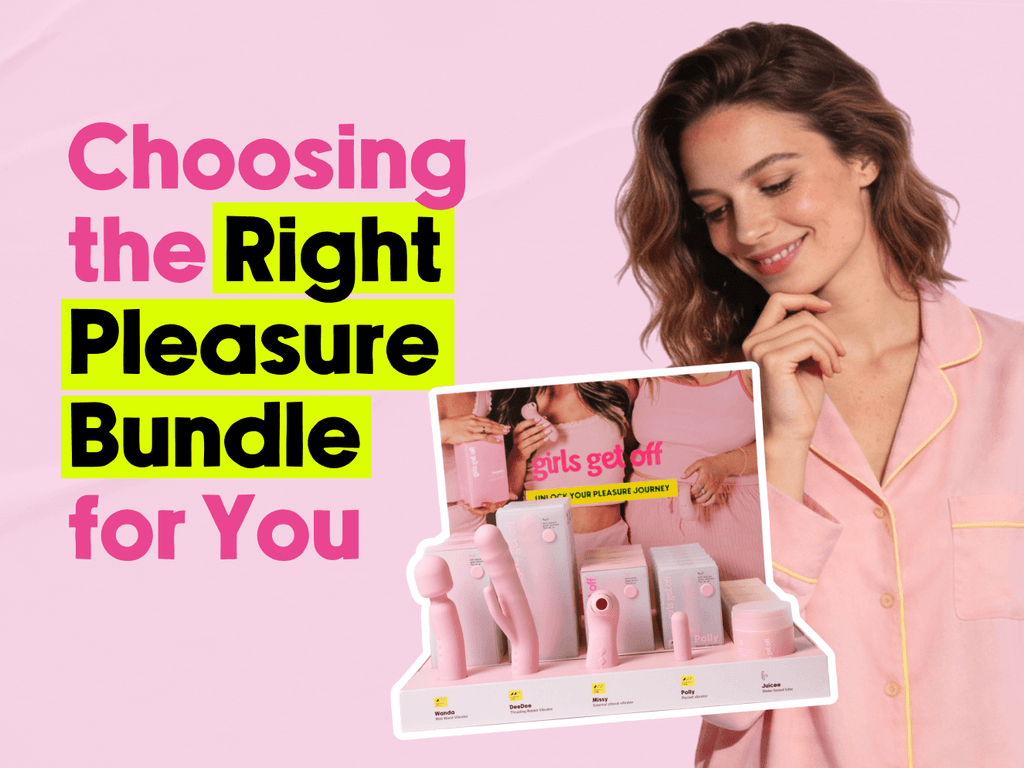 A smiling woman in pink pajamas and a text 'Choosing the Right Pleasure Bundle for You' and an inset image shows various female vibrators
