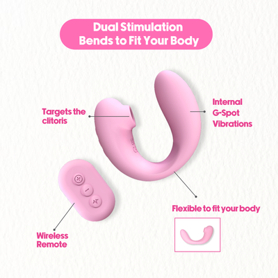 A pink dual vibrator featuring a wireless remote and callouts for dual stimulation, internal G-s[pt vibrations, and clitoral targeting