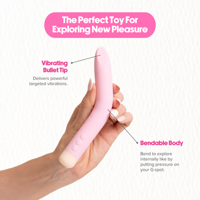 An infographic for a pink bendable G-spot vibrator featuring a vibrating bullet tip and a flexible, bendable body for internal exploration and pressure.