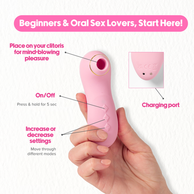 Pink Missy clitoral suction vibrator and its packaging featuring icons for USB magnetic charging, medical-grade silicone, waterproof design, and 10 pulsing modes.