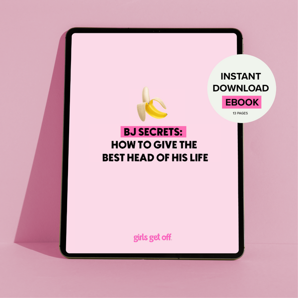 This image features a promotional display for an eBook titled "BJ Secrets: How to Give the Best Head of His Life". The eBook is presented in a stylized format, with a bold pink background behind a digital screen that shows the cover.