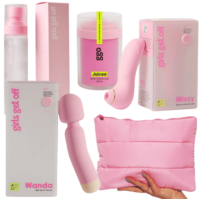 Girls Get Off Beginner  Pleasure Bundle with Missy clitoral vibrator, Wanda wand vibrator, Juicee water-based lube, and pink satin storage pouch