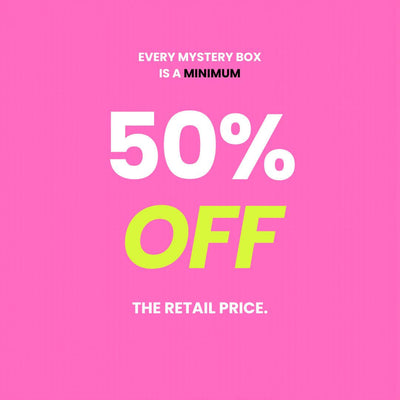 A bright pink graphic states 'Every Mystery box is a minimum 50% off the retail price' in white and lime green text