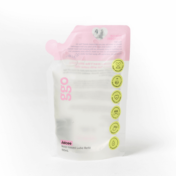 Juicee 100ml water-based lube refill pouch by Girls Get Off – clear, minimalist packaging with benefits icons and pink logo branding.