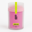 Pink container of Juicee water-based lubricant with a yellow label on a white background