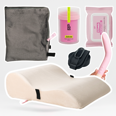 bundle of sex pillow, pillow cover, lube, restraints, intimate wipes, and lulu long bullet vibrator