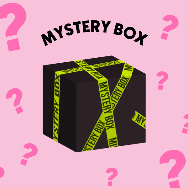 Black mystery box with yellow tape, featuring the words 'MYSTERY BOX' on a pink background.