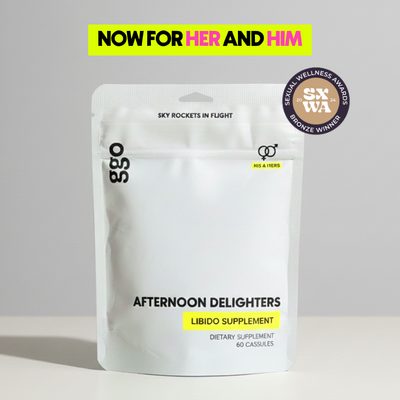 Supplement package labeled 'Afternoon Delighters' Now for her and him with branding and sexual wellness awards badge