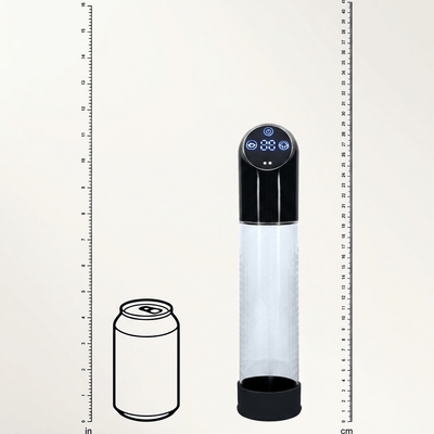 An infographic showcasing the measurements of the PUMPED Automatic Waterproof Pump next to a soda can for scale, bordered by inches and centimeters ruler lines.