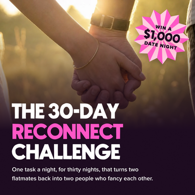 'The 30-Day Reconnect Challenge' showing two people holding hands in warm golden-hour light, with a pink starburst reading 'Win a $1,000 Date Night' and large text below.