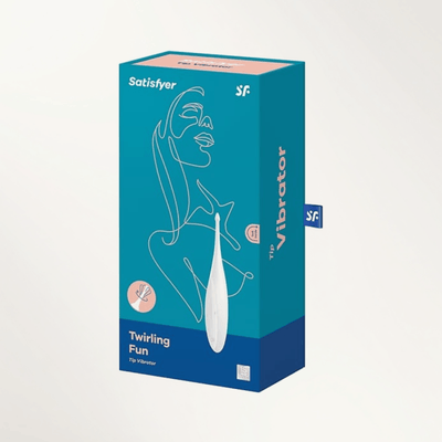 Satisfyer Twirling Fun Tip Vibrator White in teal retail box with line-art illustration