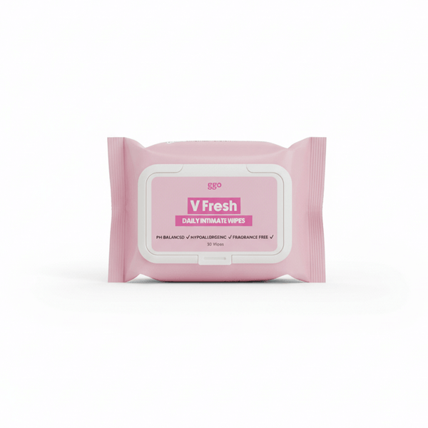 Pink package of 30 V-Fresh Intimate Wipes, pH-balanced, hypoallergenic, and fragrance-free. 