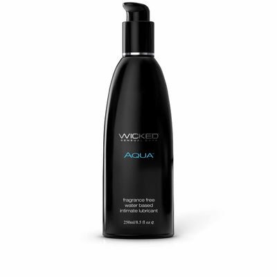 Wicked Aqua Water Based Lube 8.5 oz black pump bottle, fragrance free, front view on white