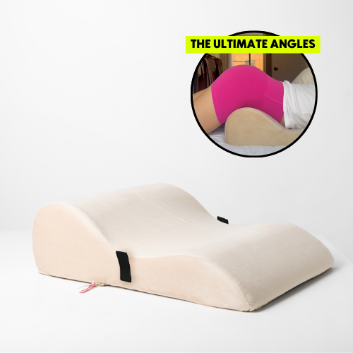 Beige wedge pillow with a close-up inset showing its use.