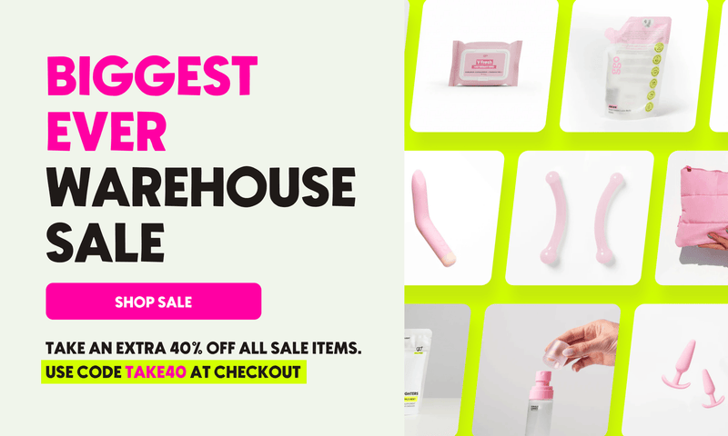 A promotional banner features the text "BIGGEST EVER WAREHOUSE SALE" alongside a pink "SHOP SALE" button and a discount code, set on a bright lime-green grid displaying various female vibrators