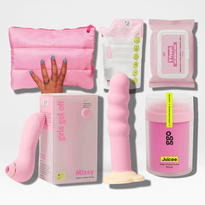 bundle for missy clit vibrator, dilly dildo, juicee lube, lube refill pouch, v fresh intimate wipes, and toy bag organizer